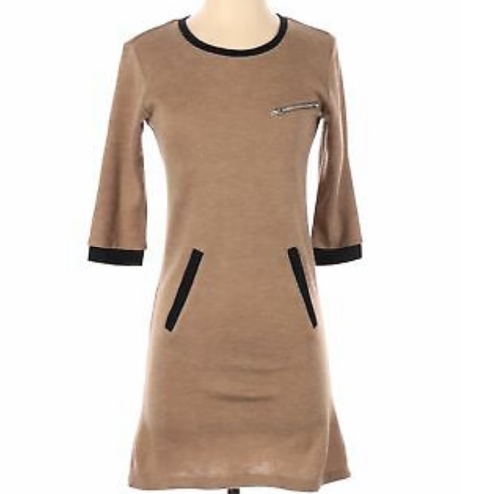 THML KNIT TAN DRESS BLACK TRIM & ZIPPER DRESS with pockets S